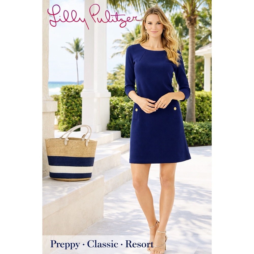 LILLY PULIZTER Navy Charlene Shift‎ Boat Neck Dress XL Gold Button Pockets NWT